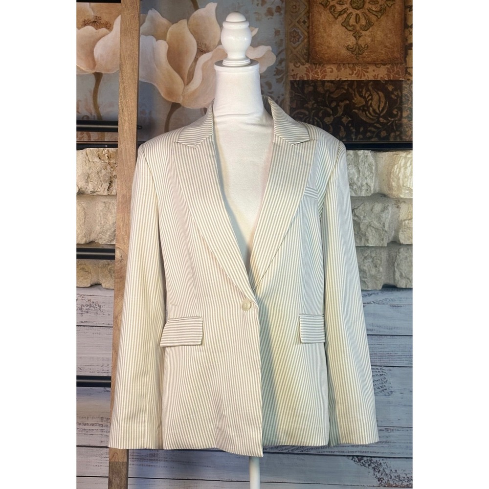 Preston & York Womens Tan White Striped Single Button Blazer Jacket Size 12